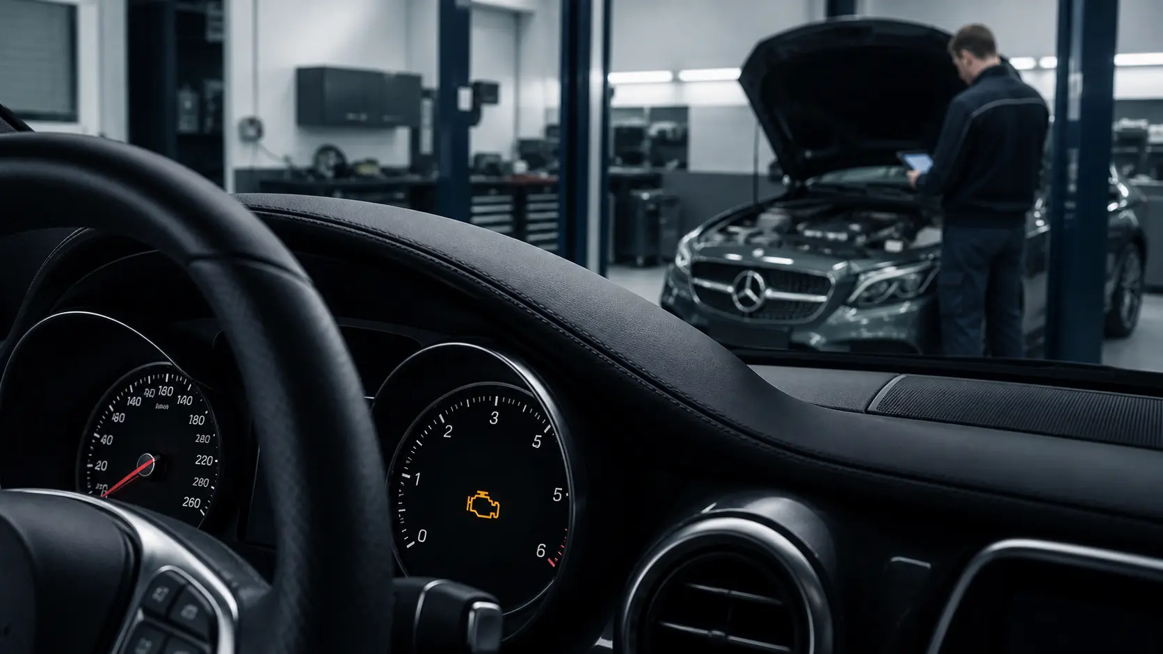 Luz do motor acesa no painel de um Mercedes em diagnóstico