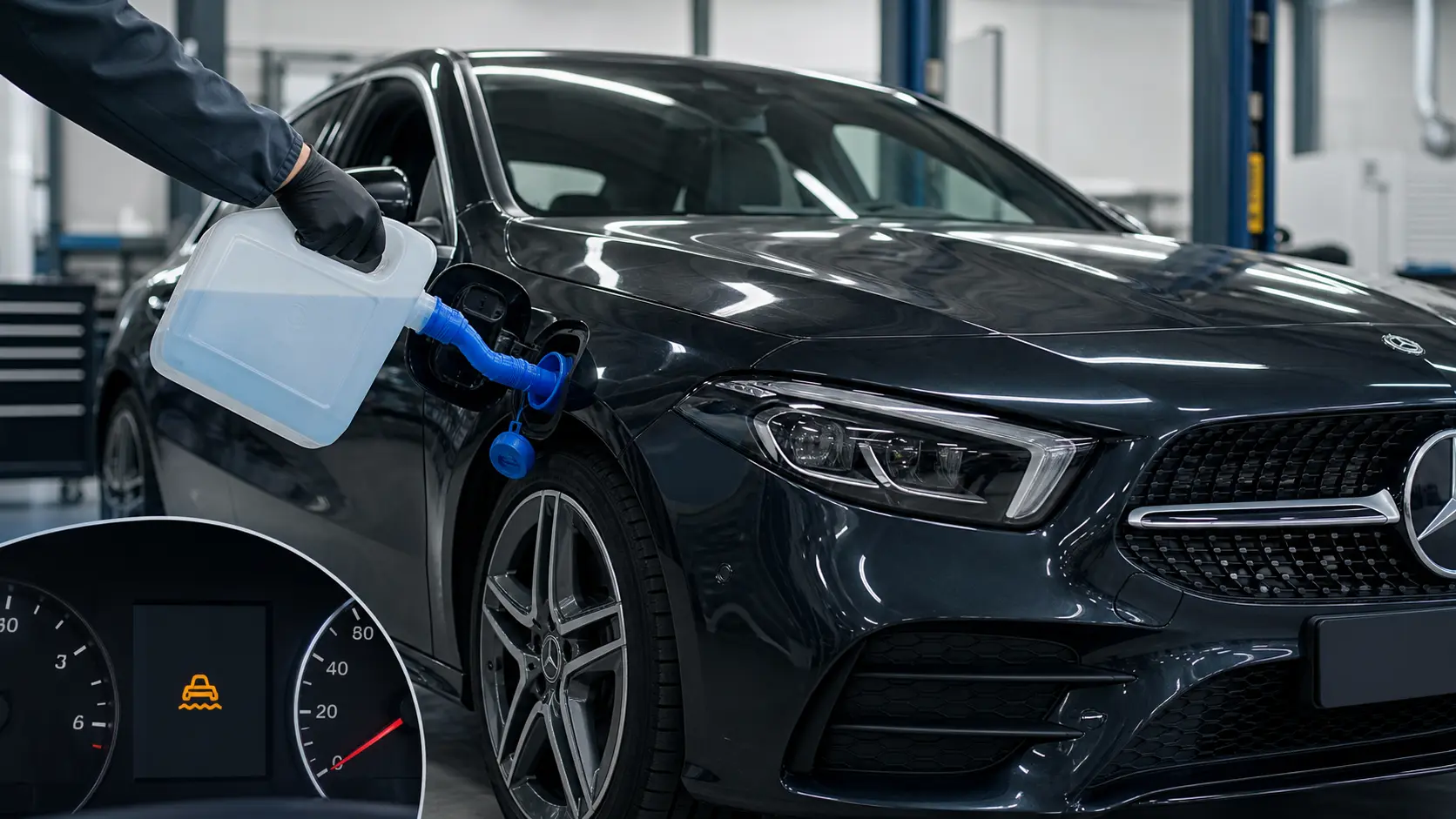 Mercedes moderno num ambiente de oficina, junto a um recipiente ou pistola de AdBlue, com o painel a mostrar um aviso relacionado com AdBlue.